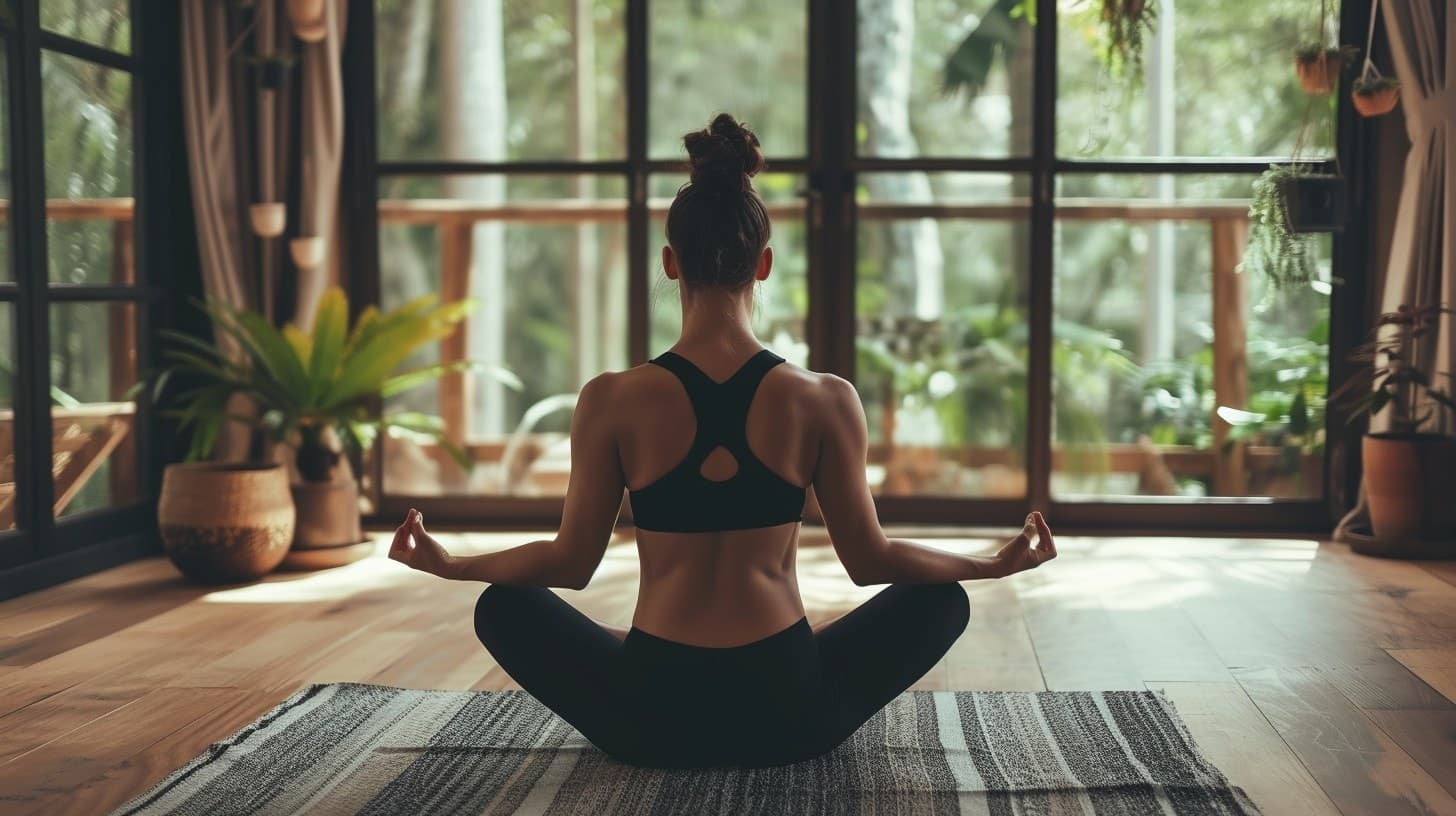 A woman sits cross-legged in meditation, seen from behind, facing a tall window filled with greenery.
