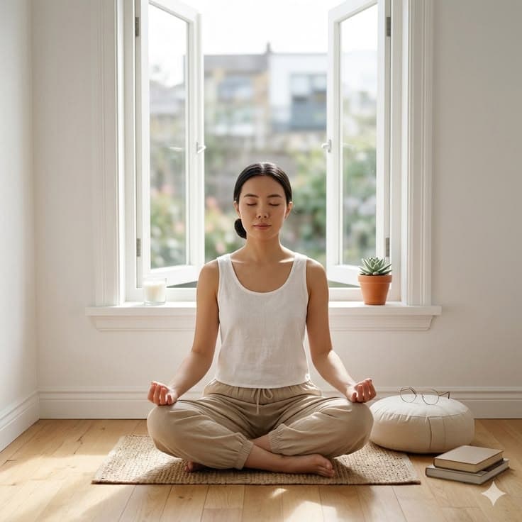 A seated meditation in dhyana mudra, front-lit by a window, in white linen.