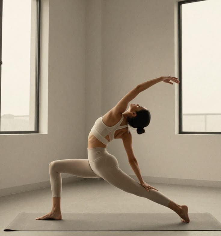 A standing side bend held on a mat in a bright, near-empty studio.